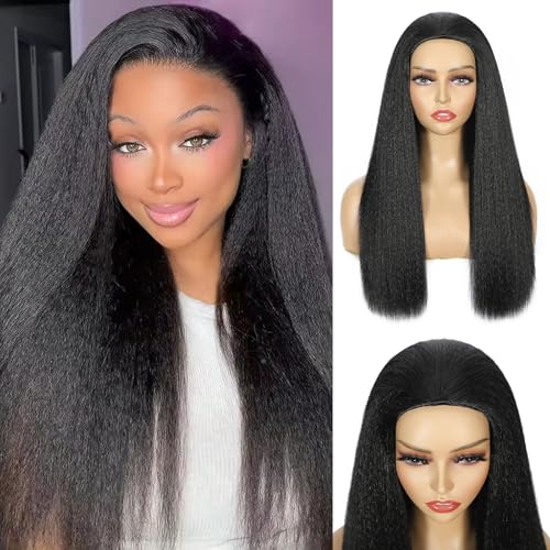 Synthetic Half Wig, 3 In 1 Yaki Straight Wig For Black Women, Seamless Flip Over Half Wigs Glueless Wear and Go Beginner Friendly Black Yaki Straight Drawstring Headband Wig 22 Inch