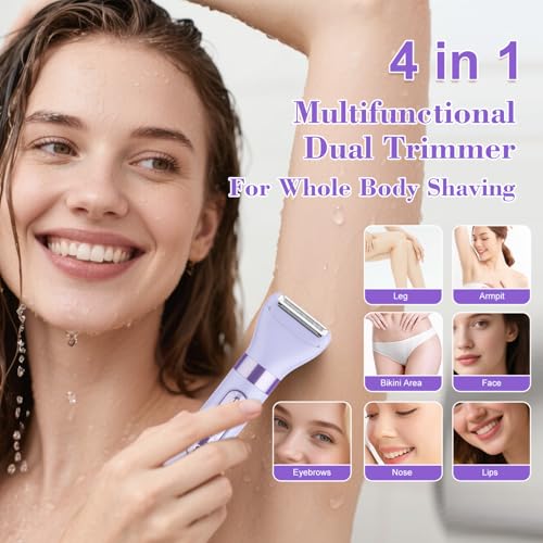 Hatteker 4-in-1 Women's Electric Razor, Dual-Head Body Hair Trimmer for Women, IPX7 Waterproof Rechargeable Bikini Trimmer & Facial Hair Remover for Legs, Armpits, Face, Nose, Eyebrows, Purple