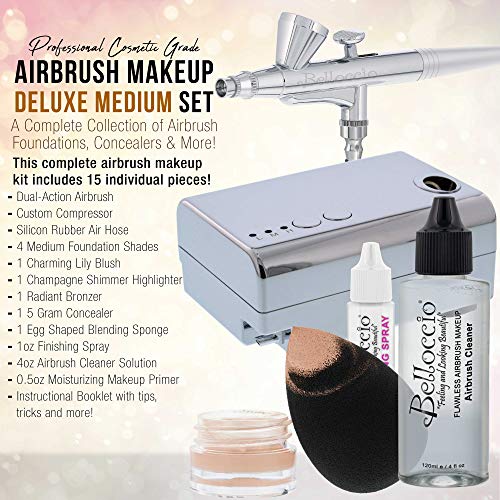 Belloccio Professional Beauty Deluxe Airbrush Cosmetic Makeup System with 4 Medium Shades of Foundation in 1/2 oz Bottles - Kit includes Blush, Bronzer and Highlighters