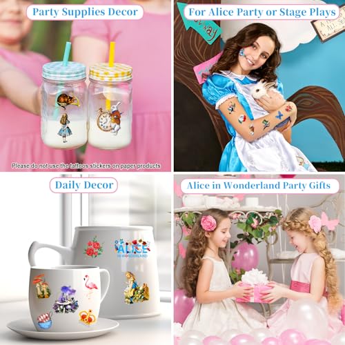 Alice in Wonderland Temporary Tattoos, 96pcs Alice in Wonderland Tattoos, Htabiol Alice in Wonderland Decor, Alice in Wonderland Party Favors, Suit for Onederland 1st Birthday, Mad Hatter Tea Party