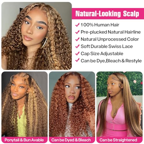 CYNOSURE 13x5 Highlight Ombre Deep Curly Lace Front Wigs Human Hair 26Inch Honey Blonde Jerry Curly Wig Human Hair HD Transparent Lace Frontal Wigs Pre Plucked 180 Density Human Hair for Women