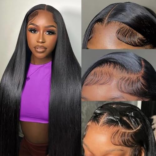 Beauty Queen 16A 13x4 Lace Front Wigs Human Hair Straight HD Lace Front Wigs Pre Plucked 22 Inch Brazilian Straight Human Hair Wigs 220 Density Raw Human Hair Wigs for Women Natural Black Color