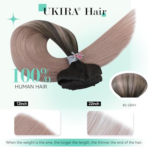 Ukira Ombre Hair Extensions for Women Real Human Hair, 20 Inch 120g 7pcs Dark Brown Fading to Pink Grey Clip in Hair Extensions Real Human Hair, Soft Straight Remy Human Hair Clip ins
