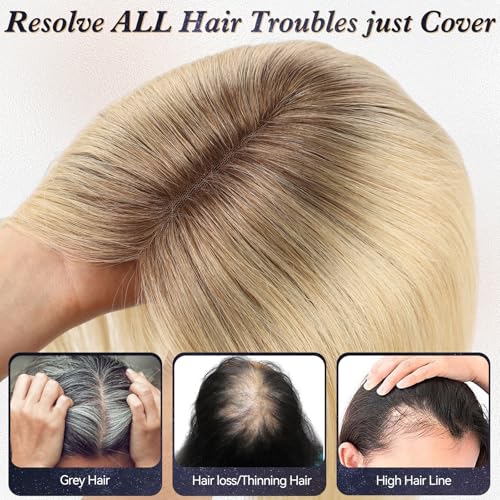starluck 6x5 inch Large Swiss Base SilkHug 14 Inch Real Human Hair Toppers,60 Gram, 100% Real Human Hair Toppers for Women with thinning (Ombre Blonde, no Bangs)