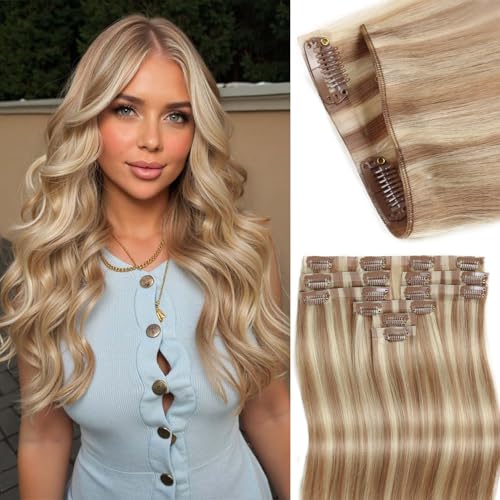 Invisable Edge Clip in Hair Extensions Real Human Hair 120G Mixed Bleach Blonde Hair Extensions 18 Inch PU Clip Ins 8PCS Straight Highlight Blonde Clip in Extensions for Women(18/613#)