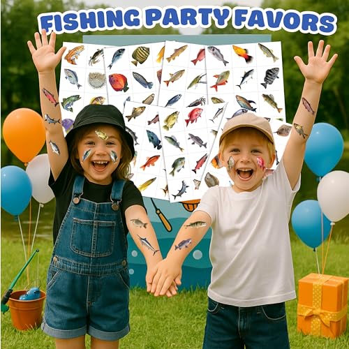 Generic Fishing Temporary Tattoos - Gone Fishing Fish Lake 96 PCS Funny Fish Themed Stickers for Kids Birthday Party Supplies, Decorations, Favors and Prizes - Cute Gifts for Boys and Girls