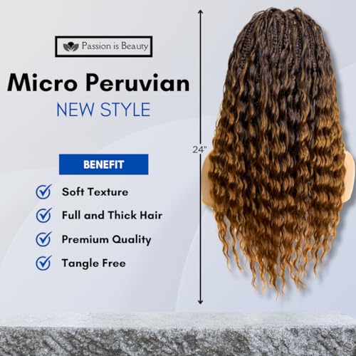 PIB Single Full Lace Braid Wig ? Micro Boho Peruvian Deep Wave Box Braided Wig, Knotless Braided Wigs for Black Women, Curly Hair Wig (#1B30 Off Black and Brown, 24")