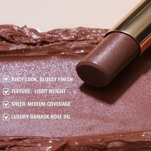 Oulac Moisturizing Shine Brown Red Lipstick for Women - 2 in 1 Glossy Brown Tinted Lip Balm, Hydrating Winter Lipstick for Dry Lips,Shine Juicy Finish Vegan 2.2g/0.07oz (03)
