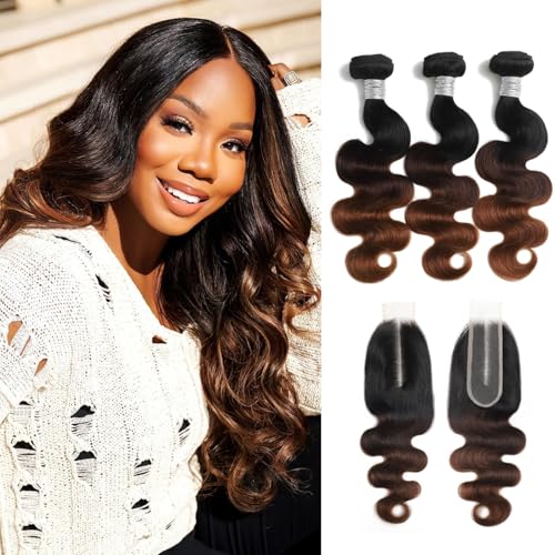 Chestnut Brown Ombre Body Wave 3 Bundles with 2x6 Hd Lace Closure Human Hair 10 12 14+10, 12A Bundles with Kim K Closure Long Deep Parting #T1B/2/30 3 Tone Medium Brown Colored Sew In Extension