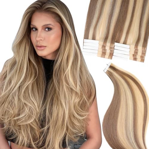 Professional Invisible Tape Hair Human Hair Extensions 100% Remy Hair #613/18 Brown Light Brown Mix Blonde 20inch 50G/20s Tape in Extension Premium Human Hair Extensions Tape in Adhesive