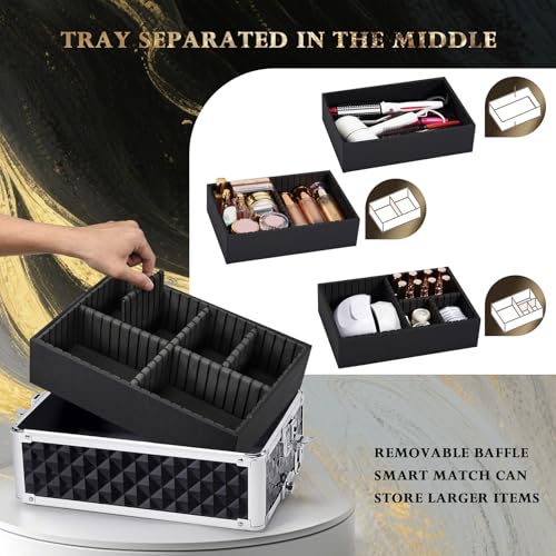 Stagiant Rolling Makeup Case Cosmetology Case on Wheels 4 in 1 Large Cosmetic Organizer Train Case Makeup Travel Case with Key Swivel Wheels Nail Artist Salon Storage Traveling Cart Trunk Black