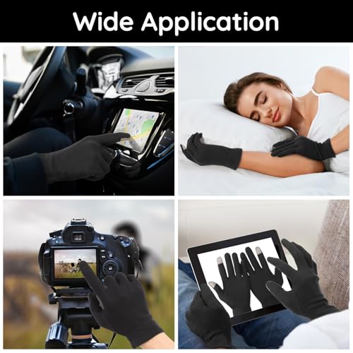 Segbeauty 12 Counts Touchscreen Black Cotton Gloves Black with Elastic Band, 6 Pair Touch Screen Hand Moisturizing Cotton Gloves for Dry Hands Sleeping Overnignt, Reusable Hand Care Spa Moisture Glove