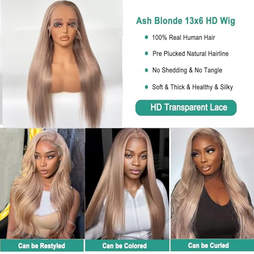Munx Glueless Wig Human Hair, 13x6 HD Lace Front Straight Wigs for Black Women Ash Blonde Colored Pre-Bleached Invisible Knots Frontal Wig 24in Thick 180% Density Real Human Hair Wigs
