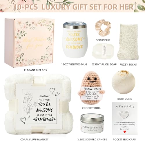 Self Care Gift Basket for Women, Luxury Spa Gift Basket with Blanket, Vanilla Coconut Self Care Set, Friendship Birthday Box for Mom, Sister, Wife, Best Friend, Coworker(White)