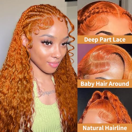 DJFG Deep Wave Lace Front Wigs Human Hair Curly Wig Human Hair HD Frontal 200 Density 13x6 Lace Ginger Wig Human Hair Orange 30 Inch