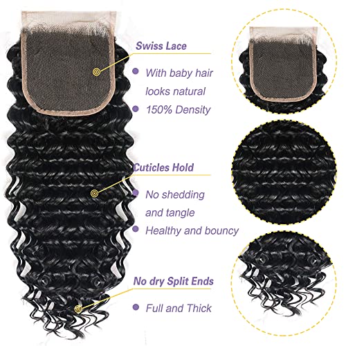 Deep Wave Bundles with Closure Human Hair (20 22 24+18) 10A Wet and Wavy Human Hair 3 Bundles with 4x4 Free Part Lace Closure 100% Unprocessed Human Hair Pre Plucke with Baby Hair Natural Color