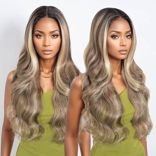 NOBLE Long Layered Wavy Wig with Baby Hair Synthetic Pre-Plucked T-Part Lace Wigs for Women 30 Inch Body Wave Glueless Wigs