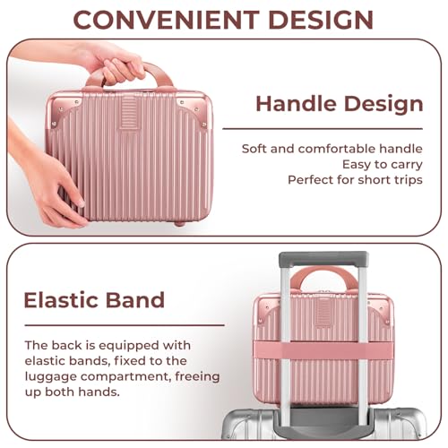 Noverlife 14 Inch Portable Makeup Travel Case Hand Luggage, Pressure-proof ABS Carrying Makeup Case Suitcase with Elastic Band, Small Hard Shell Cosmetic Case for Travel Camping Women Girl - Rose Gold