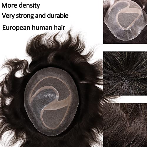 Toupee for Men European Real Human Hair Replacement Systems Men Hairpieces Fino Mono Lace Center Thicker Skin PU Hair Piece for Man Wigs 8x10 Inches #3 Dark Brown Color