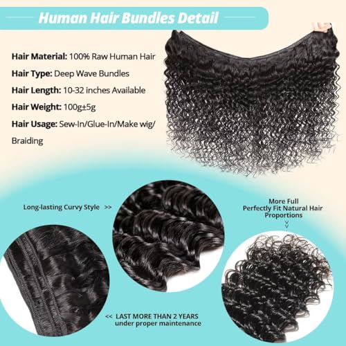 12A Human Hair Bundles 16 18 20 Inch Deep Wave Bundles Human Hair 100% Unprocessed Brazilian Virgin Deep Curly Weave 3 Bundle Water Wavy Hair Extensions Real Human Hair 1B Bundle for Women