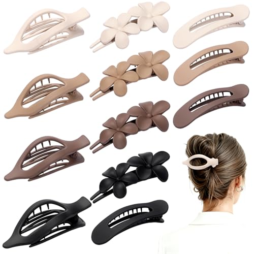 12 PCS Flat Hair Clips - 3 Styles Matte Flat Claw Clips Set Duckbill Barrettes for Women, No-Slip Strong Hold for Thin and Thick Hair, Hair Accessories for Girls Gift (Brown)