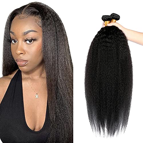 Kinky Straight Bundles Human Hair 16 18 20 Inch #1B Natural Black Yaki Straight Bundle Human Hair Extensions Unprocessed Virgin Remy Hair 3 Bundle 50 Gram Per Bundle