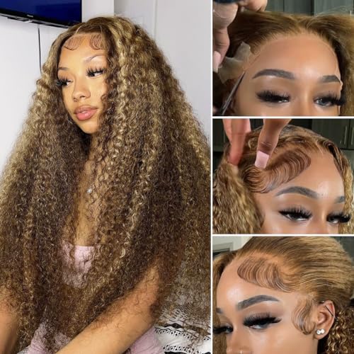 CYNOSURE 13x5 Highlight Ombre Deep Curly Lace Front Wigs Human Hair 26Inch Honey Blonde Jerry Curly Wig Human Hair HD Transparent Lace Frontal Wigs Pre Plucked 180 Density Human Hair for Women