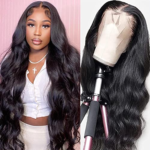 30 Inch Lace Front Wigs Human Hair Pre Plucked with Baby Hair Body Wave 13x4 Transparent Lace Front Wigs for Black Women Glueless Wigs Unprocessed Brazilian Virgin Human Hair Natural Black
