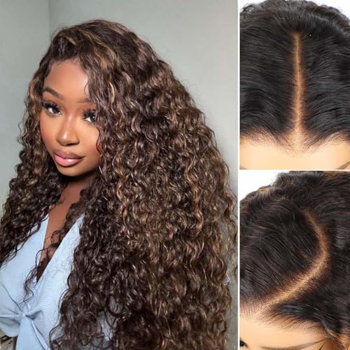 BLY Highlight Wear and Go Glueless Wig Water Wave Human Hair Wigs for Women 24 Inch 5x7 HD Lace Pre Cut Pre Plucked 2/30 Ombre Brown Colored Deep Wave Lace Front Wig 180% Density