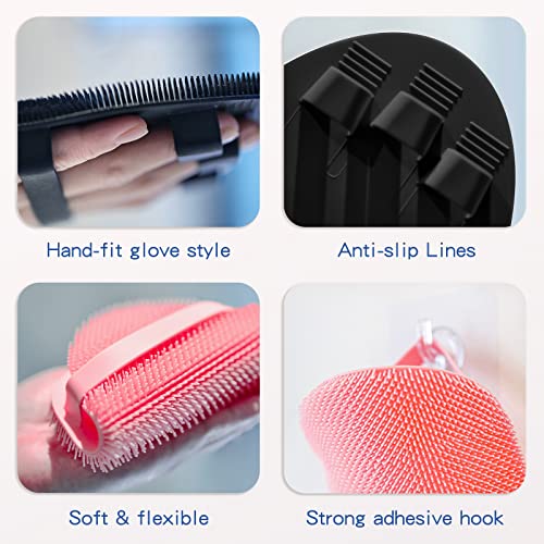Manmihealth Silicone Back Scrubber(Thick Bristles) & Soft Bath Glove Set, Super-Exfoliating Body Scrubber & Super-Lathering Shower Brush Combination, with a Free Hook.(Black)
