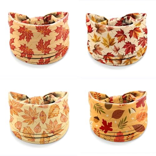 4 Pack Autumn Maple Leaf Headbands for Women, Thanksgiving Wide Stretchy Yoga Workout Hair Bands, Soft Non-Slip Fall Turban Headwraps for Running Makeup Everyday Use