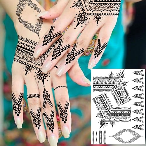 Vintage India Sexy Hands Temporary Tattoos For Women Finger Girls Adults, 4 Sheets Bohemia Lace Black Lotus Mandala Flower Fake Jewels Tattoo Sticker Kits Stencils, Party Favor Supplies Decoration