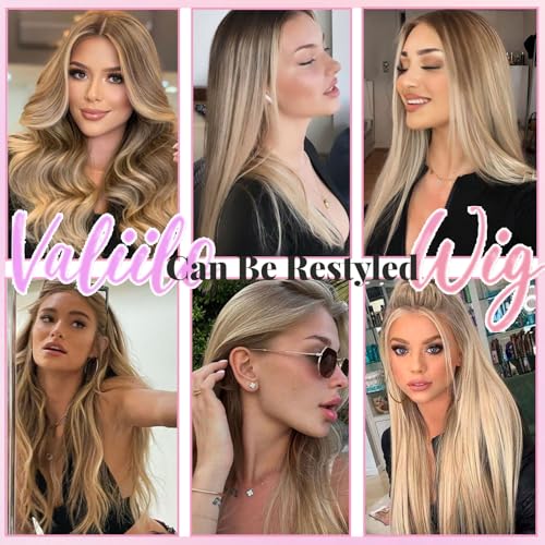 Highlight Lace Front Wig Human Hair Pre Plucked 13x4 Lace Frontal Wigs Glueless Straight Ash Brown to Ash Blonde Highlights Human Hair Wig 180% Density 24 Inch