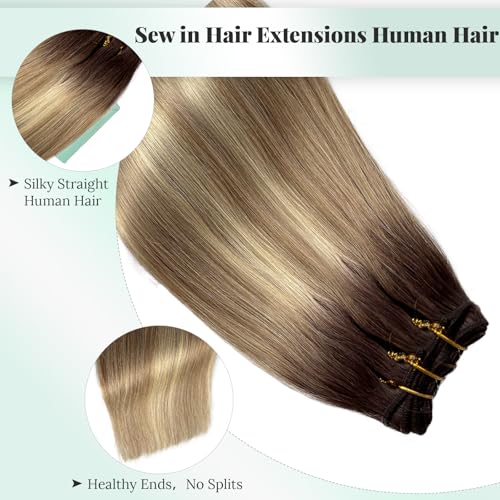 Sew in Hair Extensions Real Human Hair Balayage Brown and Blonde Hair Wefts 120G 22 Inch Thick Hair Bundles Ombre Brown to Ash Brown and Light Blonde Sew in Extensions Human Hair Weave