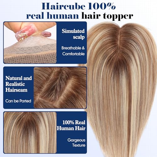 HAIRCUBE 12 inch Hair Toppers for Women 5"*5.5" Large Base Light Brown with Blonde Highlight Real Human Hair Topper With Bangs HairToppers for Women with ThinningHair Cover Gray Roots Add Volume