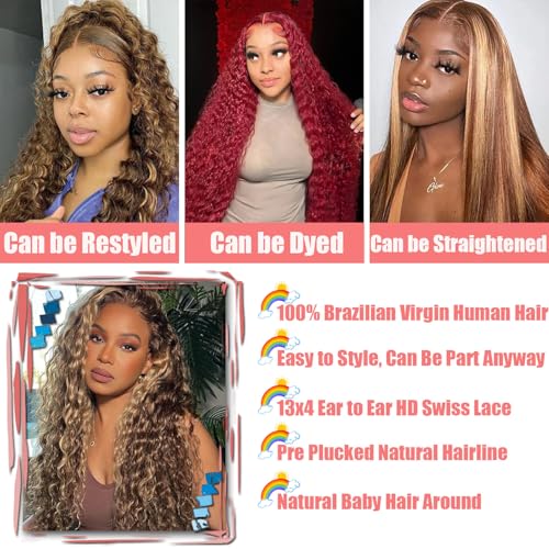 Highlight Ombre 13x4 HD Deep Wave Lace Front Wigs Human Hair 180% Density Honey Blonde Wig Human Hair Pre Plucked 4/27 Lace Frontal Wigs 30 Inch