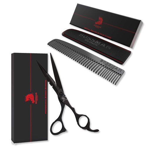 Bossman Hair and Beard Grooming Set - Metal Comb and Professional Scissors for Men's Haircut and Grooming