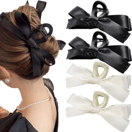 Sizobi Women's Hair Accessories: 4PCS Large Bow Claw Clips for Thick, Thin, Long or Curly Ponytails - Strong Hold, White & Black