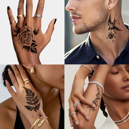 200+PCS Temporary Tattoos for Women, Waterproof Black Realistic Rose Hummingbird Necklace Tattoos Sketch Fake Tattoo for Women Body Art Arm Neck Hands Chest Neck Collarbone Spine Back