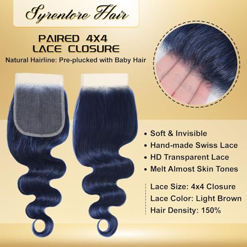 Dark Blue Body Wave 4x4 HD Transparent Lace Closure with Bundles, 12A 100% Brazilian Virgin Hair, Soft Glossy Thick, Perfect for Quick Weave Sew-In Styles 16 18 20 Inch + 4x4 Closure 16 Inch