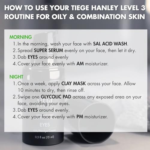Tiege Hanley Skin Care Set for Men, Anti Aging Routine for Oily & Combination Skin, Level 3, Salicylic Face Wash, Glycolic Pads, Moisturizers, Clay Mask, Eye Cream, Serum, Men¡¯s Skin Care, 7 Piece Kit