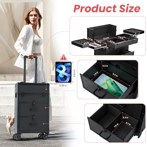 Large Rolling Makeup Train Case, Professional Travel Cosmetology Case on Wheels with Drawers, 3 Tiers Nail Organizers Storage Case for Nail Tech, Tattoo, Hairstylist, Makeup, Extra Large