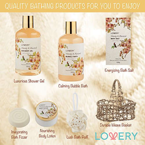 Womens Gifts, Gift Baskets for Women Who Have Everything, Home Spa Honey & Almond Scent, Luxury Bath & Body Set - Shower Gel, Bubble Bath, Body Lotion, Salts, Bath Bomb, Bath Puff & Handmade Basket