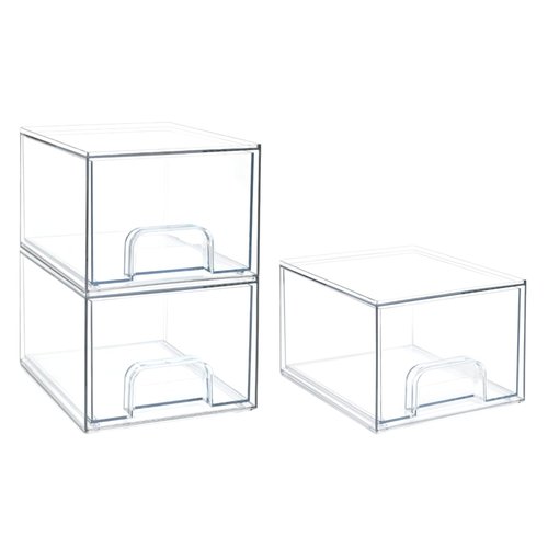 Hykeen 3 Pack Stackable Makeup Organizers, Acrylic Drawers Bathroom Storage, Clear Plastic Cosmetics Storage Bins for Vanity, Undersink, Skincare, Kitchen Cabinets, Pantry Organization