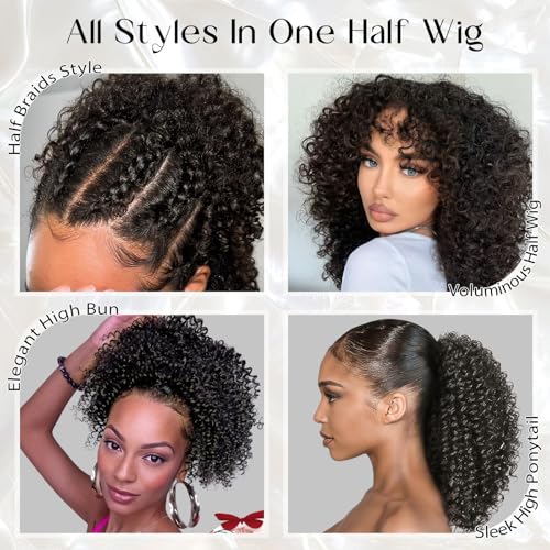 NOSTALGIA Afro Kinky Curly Half Wigs For Black Women 3 In 1 Half Wig Synthetic With Drawstring Afro Curly Glueless Flip Over Wigs Quick Install Beginner Friendly(Naturak Black 2#)