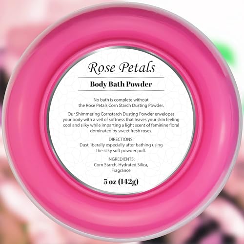 R-NEU Body Powder for Women with Powder Puff, 100% Talc-Free, Elegant Rose Petals Scented Dusting Powder, After Bath for Soft Skin, Extra Large, 1 Pack (5oz)