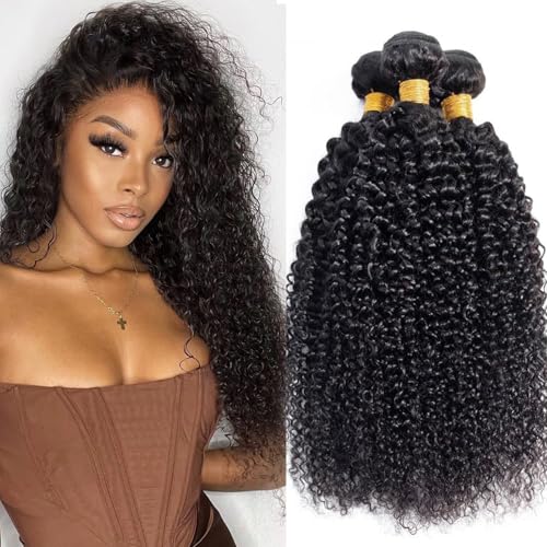 Curly Bundles Human Hair Kinky Curly Human Hair Bundles 100% Unprocessed Brazilian Virgin Hair Quick Weave Extensions for Women Natural Black 18 20 22 Inch