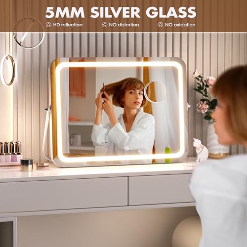 Hasipu Vanity Mirror with Lights, 16" x 12" LED Makeup Mirror, 3 Modes Light, Smart Touch Control Dimmable, 360¡ÆRotation, Rectangle White Frame, with 5X Magnifying Glass