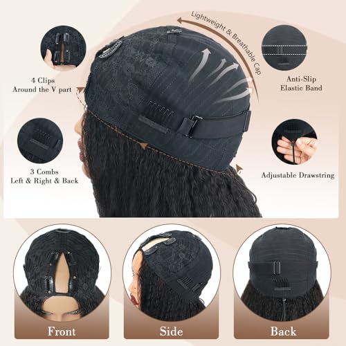 Kinky Straight V Part Wig Human Hair 18 Inch V Part Wig For Women with Drawstring 180% Density Upgrade Glueless U Part Wig No Leave Out No Sew In Kinky Straight Human Hair Wigs Natural Black