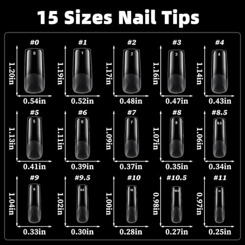 AddFavor Long Square Nail Tips, 300pcs Gel Nail Tips Square Long Fake Nails, Full Cover Clear 15 Size Acrylic Nails Tips for Nail Extensions, Press on Nails Making